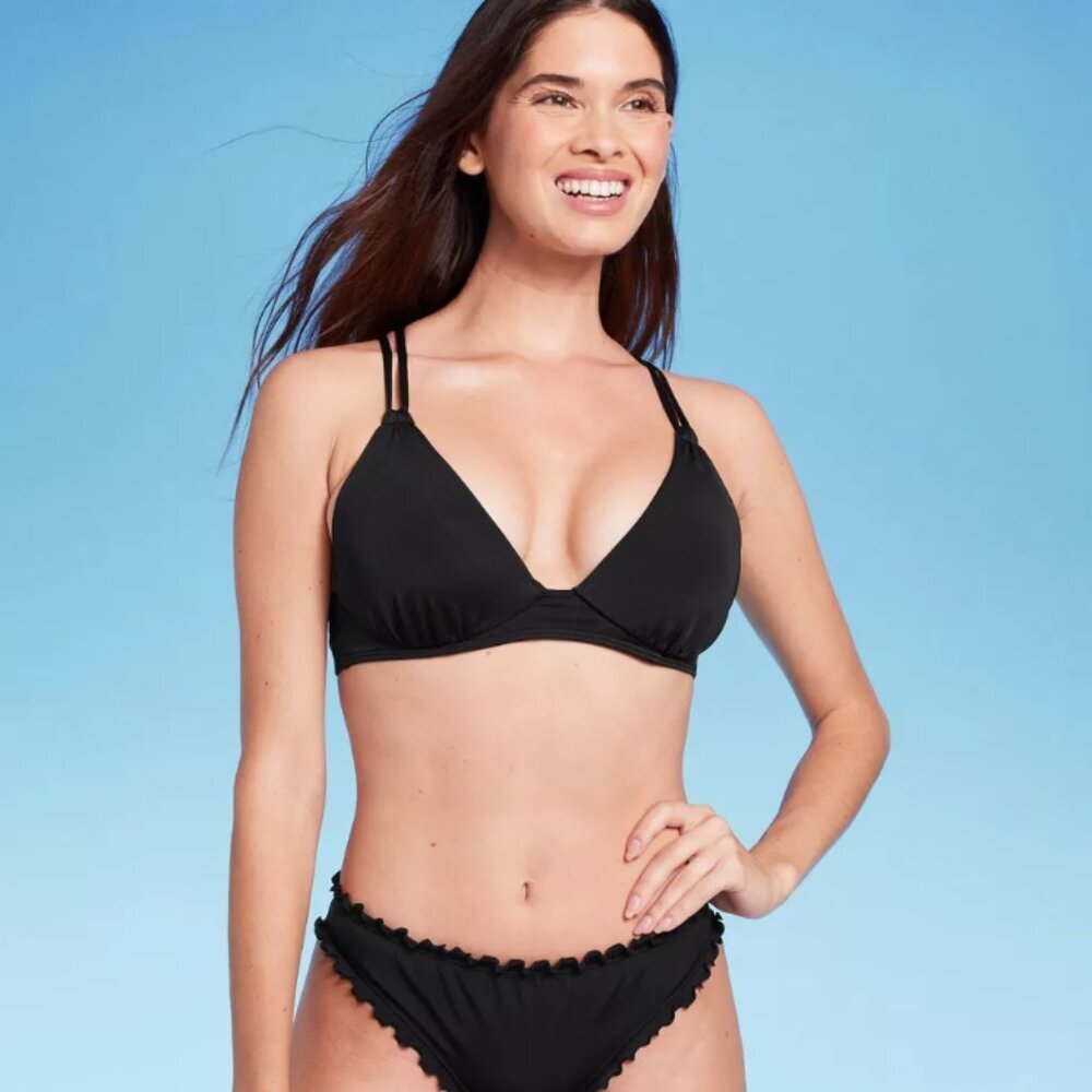 Shade & Shore Black Triangle Bikini with Ruffled Bottom